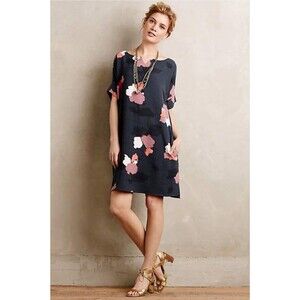 Essentiel Antwerp Navy Floral Shift Dress Size 12 (42) Short Sleeve
